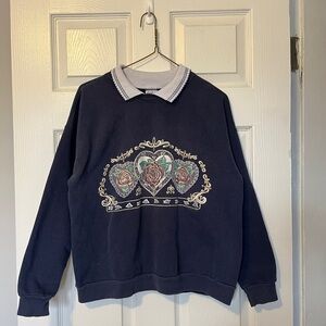 Vintage navy blue sweatshirt with collar and Floral Design